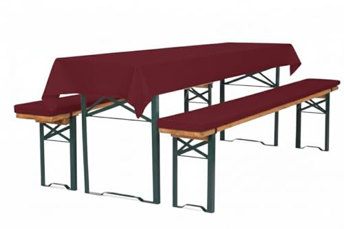 TexDeko® XL Bierbankauflagen 3-TLG Set extra dick mit Tischdecke Bordeaux | Premium Auflagenset gepolstert 220x25x4cm für Bierzeltgarnitur, waschbar mit Reißverschluss, inkl. Tischdecke 250x100cm