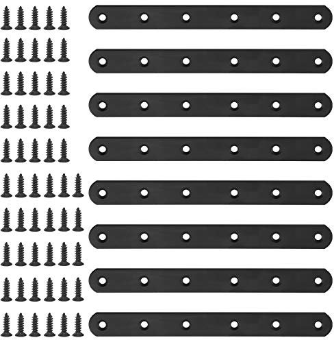 Glarks Juego de 8 soportes de esquina planos y rectos de 200 mm, de metal, color negro, con 55 tornillos para muebles de madera (200 x 20 x 3 mm)