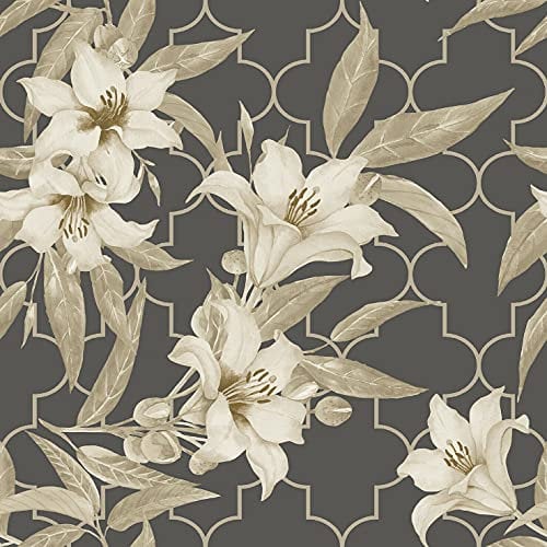 Exclusive Lilies Floral Soft Teal Pink Botanical Floral Wallpaper (AL1063 - Lead Grey)