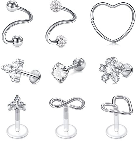 AVYRING Helix Piercing Kit Chirurgenstahl Herz Daith Piercing Damen Herren Lippenpiercing Tragus Stud Piercing Ohr 9 Stück Silber