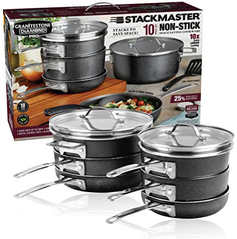 Granitestone Juego de ollas y sartenes apilables antiadherentes, juego completo de utensilios de cocina para ahorrar espacio de 10 piezas con revestimiento mineral y diamante ultra antiadherente