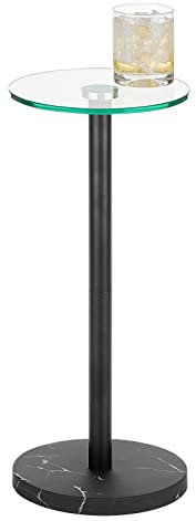 mDesign Glass Top Side/End Table - Small Modern Round Accent Metal Nightstand Furniture for Living Room, Dorm, Home Office, and Bedroom - 9 Round - Clear/Matte Black, Black Marble Base