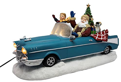 Spetebo LED Weihnachts Szene Weihnachtsmann im Oldtimer blau - 38 cm/Netzteil - Tisch Deko mit Sound Bewegung und Beleuchtung - Advent Winter Dorf Fenster Dekoration kabelgebunden