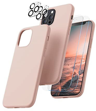 CALOOP 5 in 1 for iPhone 12 Pro Max Case 6.7,Liquid Silicone Case with 2 Pack Tempered Screen Protector + 2 Pack Camera Lens Protector,Slim Shockproof Phone Case with Microfiber Lining,Sand Pink