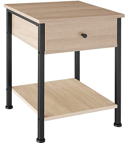 tectake Nachttisch mit Schublade und 2 Ablagen, 40 x 40 x 55,5 cm, Couchtisch im Industrie-Design, Beistelltisch mit 2 Ebenen aus Holz, schwarzes Metallgestell (Industrial Holz hell, Eiche Sonoma)