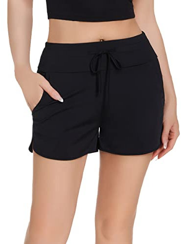 RPAEOY Pantaloncini da Bagno Donna Drawstring Tasche Vita Alta Costumi da Bagno Asciugatura Rapida Spiaggia Costume da Bagno Elastico Sportivi per Lo Yoga Jogging Piscina Spiaggia (Nero,S)