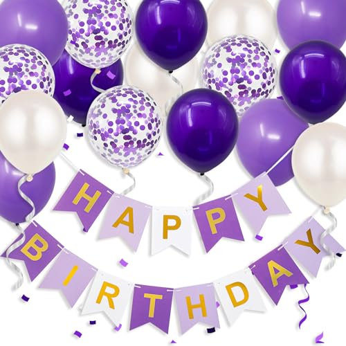 Gidobo Happy Birthday Banner for Women, Purple Birthday Party Decorations with 16pcs 12 Latex Balloons Bunting for Birthday Party Supplies