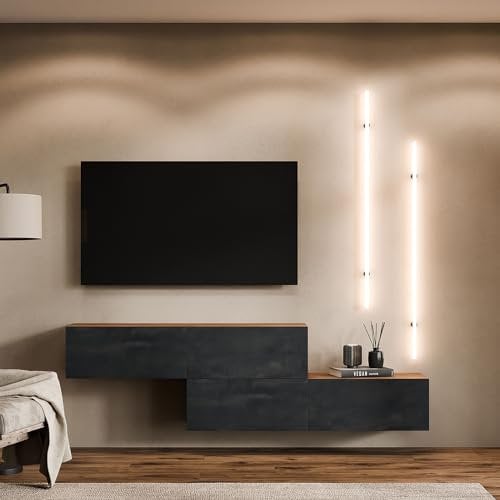 Planetmöbel TV Wohnwand Wohnzimmer 2X 140 cm Gold Eiche/Schwarz Charcoal, Modern, TV Schrank mit 2 Klappen als Stauraum, hängend oder stehend