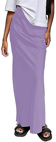 Amy Babe Damen Satin Seidig Hohe Taille Maxi Rock Elegant Elastischer Bund A Linie Lange Röcke, Flieder, XX-Large