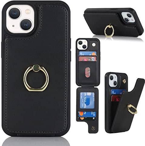 Cavor Phone Case compatible with iPhone 14 Plus Case With Card Holder,Flip Folio Leather Wallet Case,Magnetic Ring Kickstand Shockproof Cover Case compatible with iPhone 14 Plus - Black