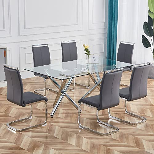 KUAKE Freischwinger Schwingstuhl 4er Set, Esszimmerstühle mit PU Kunstleder und hoher Rückenlehne, verchromtes Metallgestell, Moderner Küchenstuhl, Polsterstuhl für Wohnzimmer Konferenzraum(Grau)
