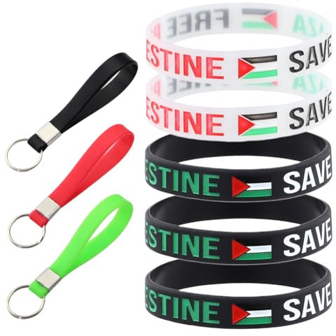 AMZLORD 8-teiliges Silikon-Armband und Schlüsselanhänger mit „Palestine Save Gaza“-Slogan „Free Palestine“, Armband und Schlüsselanhänger, elastisch, for Bewusstseinsmotivation
