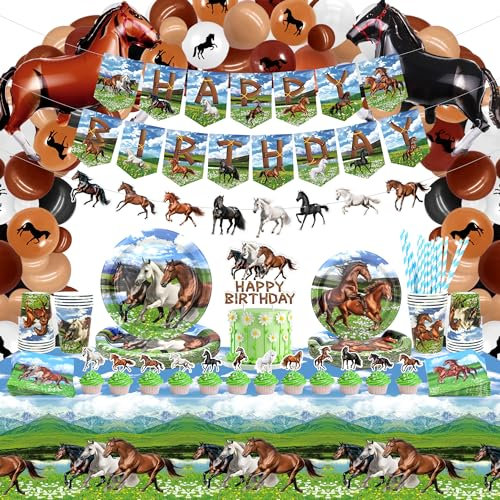 Horse Birthday Party Decoration - Horse Party Favors, Plates Cups Napkins Tablecloth Happy Birthday Banner Balloons Arch Cake Toppers for Horse Racing Cowboy Western Birthday Party Supplies