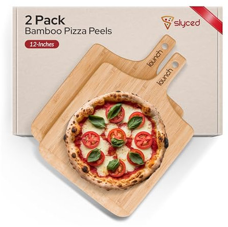 Slyced Pizzaschaufel aus Bambus, 30,5 cm, Pizzaschieber in Restaurantqualität, Pizzabretter kompatibel mit Ooni, Gozney und Solo Stove Pi Pizzaöfen – Pizzaschneidebrett aus Holz mit Griff, 2 Stück