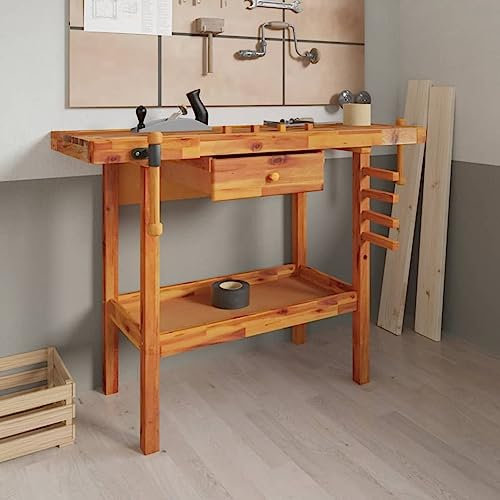 BaraSh Werkbank mit Schubladen Schraubstöcken 124x52x83 cm Akazienholz Werkstattschrank Mobile Werkbank