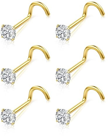 Chriscoco 6 Pièces Piercing Nez Titane G23 Vis Percing Nez 3mm Cubique Zircone CZ Bijoux de Corps Percing au Nez 20G
