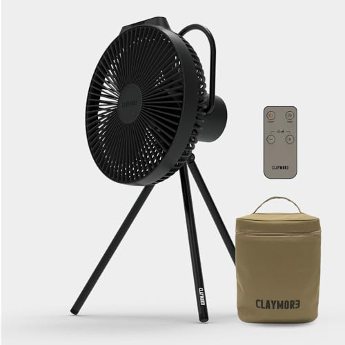 Claymore V1040 Black Rechargeable Portable Fan – 10,400mAh Power Bank Function Remote Control 4-Speed Quiet BLDC Air Circulator USB-C Charging 23 Hrs Runtime for Camping, Indoor, Outdoor