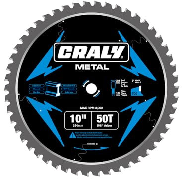 CRALY 10 Inch 50 Teeth Steel and Ferrous Metal Cutting Circular Saw Blade, 5/8 Inch Arbor, Thin Kerf, Professional Carbide Tipped Blade for Angle Iron, Threaded Rod, EMT Conduit(C1050MC)