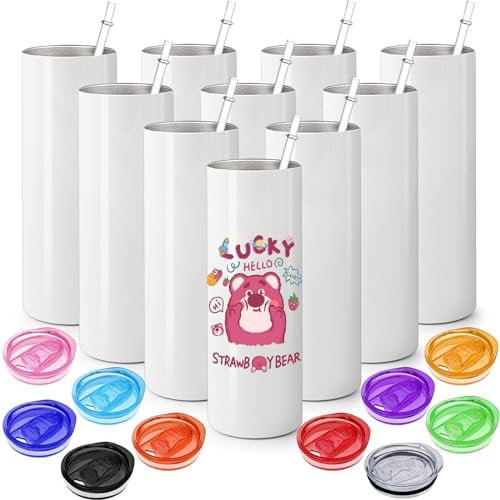 TESIN 10 Pack Sublimation Tumblers Blank with Colorful Lids 20 OZ Straight Skinny Tumbler with Straw, Stainless Steel Double Wall Insulated Tumbler for Tumbler Press Machine