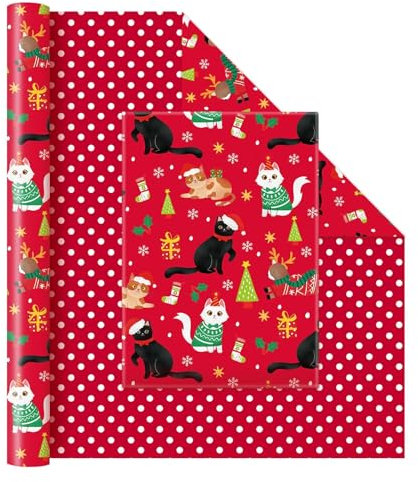 WERNNSAI Weihnachts Geschenkpapierrolle mit Kätzchen – 1 Rolle 43 cm x 10 m dekoratives Kunstpapier für Neujahrs Weihnachts und Geburtstagsgeschenke mit Katzen Cartoon Bild im Retro Tupfen Stil