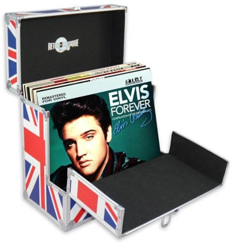 Retro musique Custodia in alluminio per dischi in vinile da 30,5 cm con patta frontale pieghevole per un migliore accesso ai tuoi LP, contiene fino a 40 LP (in custodia in PVC), include 40 custodie