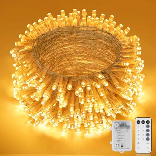 StarryEver LED Weihnachtsbeleuchtung Außen Batterie, Warmweiß Lichterkette Innen Batterie, 10M 200 LED Cluster Lichterkette Warmweiß mit Fernbedienung, Lichterkette Akku für Weihnachten Balkon Dekor