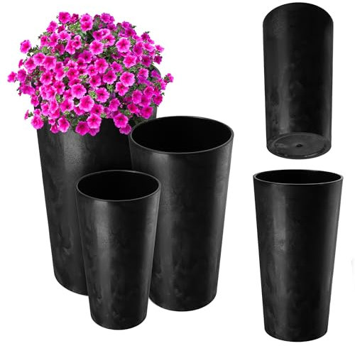 KADAX 3er Set Blumentopf mit Holzspänen, eleganter Übertopf mit herausnehmbarer Einlage, Blumentopfschutz für Büro, Blumenkübel, Topf, Gartenschale (schwarzer Beton)