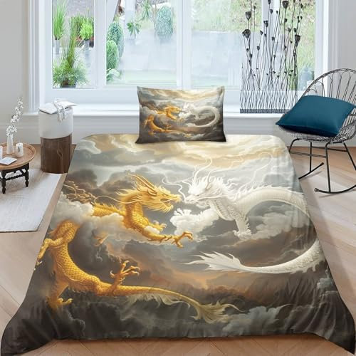 VUDBELAFC Dragon Bettbezug Set Bettwäsche Set Kinderbettwäsche-Set Reißverschluss Mit Kissenbezügen Betten Set Für Jungen Und Mädchen, Kinder Single（135x200cm）