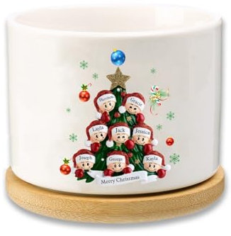 Glooraca Pot de fleurs de Noël en céramique avec nom personnalisé - Famille de 2/3/4/5/6/7/8 - Cadeau personnalisé pour Noël (8 noms)
