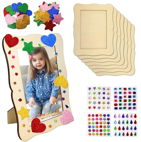 FULUDM Bilderrahmen Holz Set zum Bemalen Selbstgestalten - 8 Stück Fotorahmen Holzrahmen Holzbilderrahmen Wellenform für DIY Holzfarbe Geschenke Kunsthandwerk Dekoration mit Glitter Aufkleber