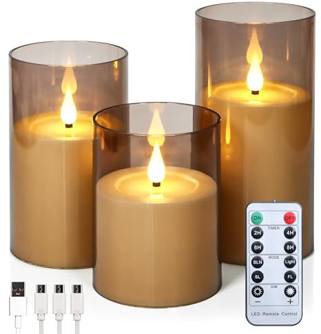 FREEPOWER 3er LED Kerzen Aufladbar mit Fernbedienung Timer Flackern Warmweiß Elektrische Flammenlose Stumpenkerzen Wiederaufladbar USB Type-C Kabel, Grau Acryl Kunststoff Kerze, Ø 8 x 10/12.5/15cm