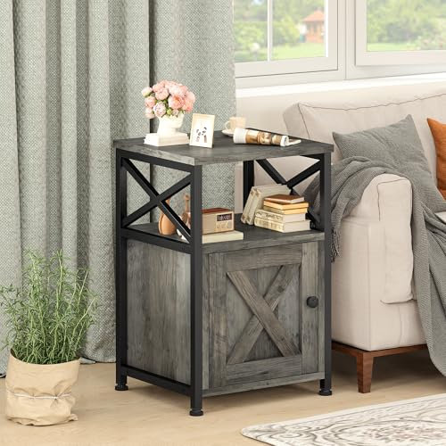 DWVO Side Table, X-Shaped Design with Storage Cabinet, 2 USB ports, and Power outlets. Metal Frame, Grey, 40x35x60cm, Used as a Bedside, Sofa, or Coffee Table for Living Rooms or Bedrooms