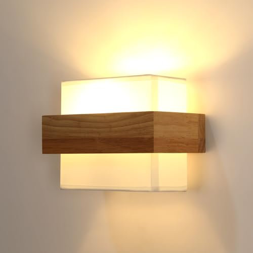 Riserva Wandleuchte Innen Holz E27, Quadratisch Wandlampe Vintage Weiß, mit Stoff Lampenschirm, Auf und Ab Beleuchtung Wandlampe für Schlafzimmer, Arbeitszimmer, Cafe, Hotel
