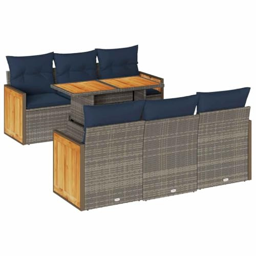 vidaXL 7-Piece Garden Sofa Set with Cushion Grey Poly Rattan Acacia, Outdoor Sofa Set, Garden Sofa Set, Lounge Set, Sofa Set Patio