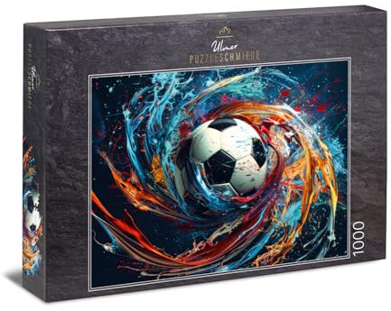 Ulmer Puzzleschmiede - 1000 Teile Puzzle „Spin“ - Motiv vom Fußball im klassischen Design, umgeben von spektakulärer Farb-Rotation - Qualität Made in Germany