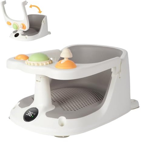 Vinteky Baby Badesitz Badewannensitz Sitzhilfe grau, Ab 6 Monate, Rutschfeste und hoher Sitzkomfort 360° Rundumschutz, mit Activity-Board&Temperaturfühler&4-starken Saugnäpfen