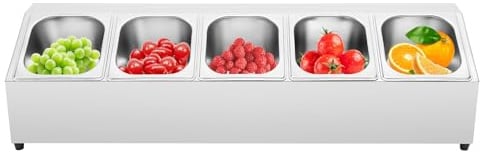 HUOMMGS Edelstahl Zutatenbehälter 5 Gitter Beilagenbehälter GN Aufsatzbord Geneigter Gastronormbehälter Gestell mit 5 Lebensmittelbehälter und 5 Deckel 86x22,5cm Behälter Gestell für Gastro, Küche