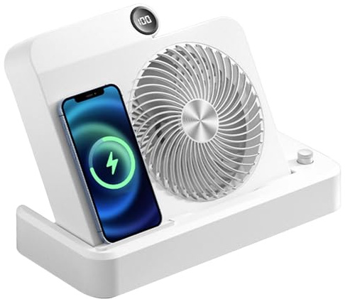Elektrischer Schreibtischventilator mit kabellosem Ladegerät – 100 Geschwindigkeitsstufen verstellbar | Digitalanzeige & Winkelbasis | Quiet Airflow für Schlafzimmer, Camping | für Männer und Frauen