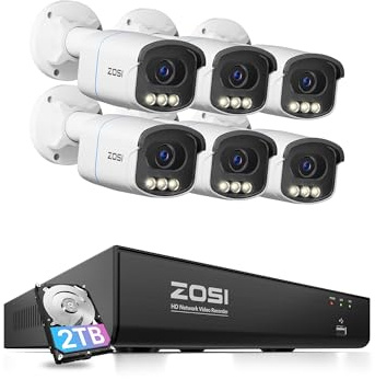 ZOSI 4K Ultra HD PoE CCTV Camera System with True Clarity Color Night Vision, 8 Port 16CH 4K NVR and 6pcs 8MP Aurora Lux C186A Outdoor PoE Cameras, Human Vehicle Detection, Light&Siren, 2-Way Audio