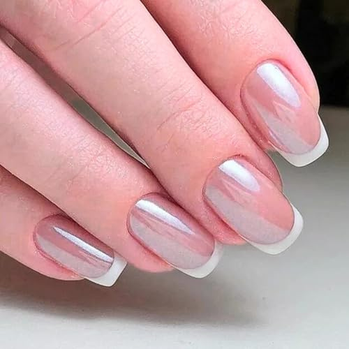 French Tip False Nails - 24pcs Press on Nails Short - Pearlescent Square Fake Nails with Glue - Removable Glossy Acrylic Nails Stick on Nails for Women Nail Art Manicure