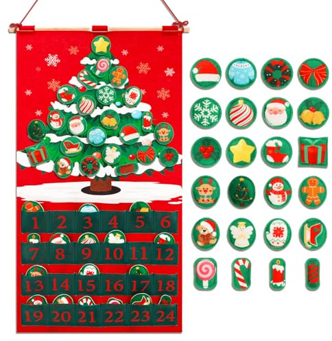 DPKOW Calendario Avvento 2025 con 24 Decorazioni Natalizie Fai da Te in Velcro, Idee Regalo Albero Natale 2025 Calendario Avvento da Riempire con 24 Tasche e Asta, Addobbi Natalizi Albero per la Casa