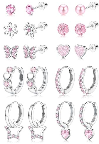 LOLIAS 10 Paar Kinder Ohrringe Mädchen Medizinische Ohrstecker und Creolen | Hypoallergene Ohrringe für Mädchen Chirurgenstahl CZ Perle Herz Schmetterling Blume Stern Kinderohrringe (Rosa/Bunt)