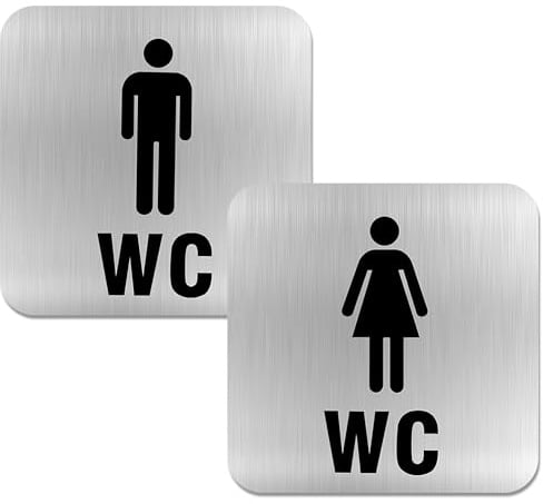 2 Stück Wc Schild Selbstklebend aus Edelstahl, Stilvolle Toilettenschilder | 12 x 12 cm Robustes Wc Schild für Toilette Bad Gäste-WC, Praktisch Toilettenschild Damen Herren Türschild Aufkleber