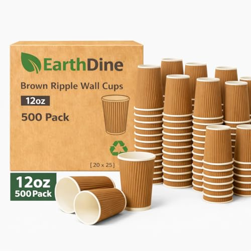 EarthDine 500 x Ripple Paper Cups, Brown Kraft, 12oz/350ml, Triple-Layer Insulated, Disposable Hot and Cold Cups