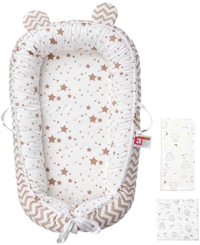 Huracan Réducteur de lit bébé, Nid pour nouveau-nés, Cale pour bébé avec couverture 85 × 85 cm et 5 gants de toilette en mousseline, 100% coton respirant, double face, à la maison et en déplacement