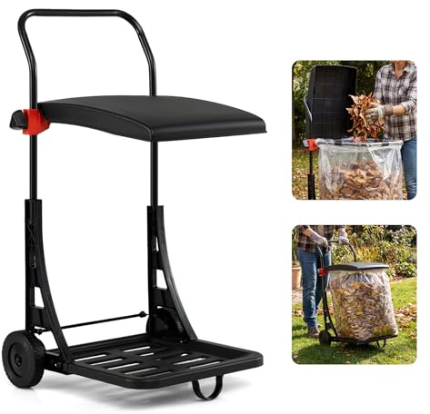 COSTWAY Trash Bag Holder Cart, Height Adjustable Garden Leaf Bag Stand with Wheels and Lid, Mobile Garbage Bag Holder for Yard Cleanup, Home, Party, Recycling
