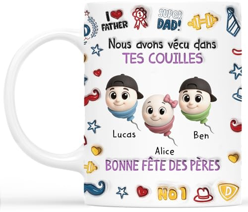 Cadeau Plus Mug Personnalisé - Nous avons vécu dans tes couilles - Cadeau Papa, Mug Papa, Tasse fete des peres, Mug fete des pere, Tasse papa personnalisé (3 Enfants)
