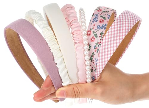 Yuanchu 7 Stück Haarreifen Mädchen, Haarreif Kinder Set mit Perlen, Stoff Stirnbänder, Verschiedene Modelle Haarschmuck (Weiß Rosa)