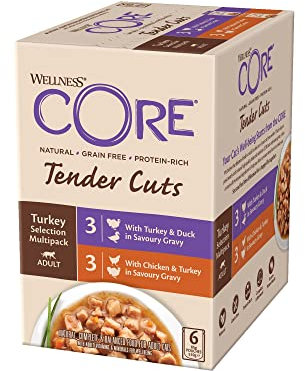 Wellness CORE Tender Cuts, Pute Selection Mix, 6 x 85 g, Nassfutter für ausgewachsene Katzen in Sauce, ohne Zuckerzusatz, getreidefrei, mit hohem Fleischanteil