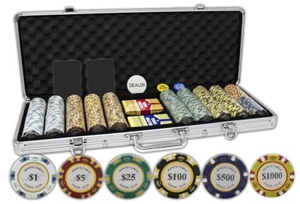 DA VINCI Monte Carlo Poker Club Set von 500 14 Gramm Dreifarbige Chips mit Aluminium Fall, Karten, 2 Cut Cards, Dealer und Blind Buttons